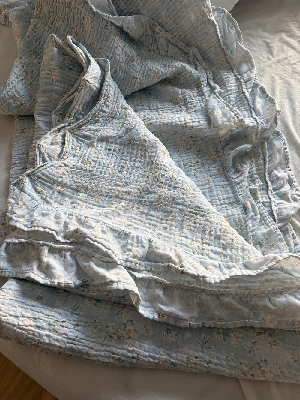 unique and beautiful Light Blue Floral Quilted  shower curtain with Ruffle Trim